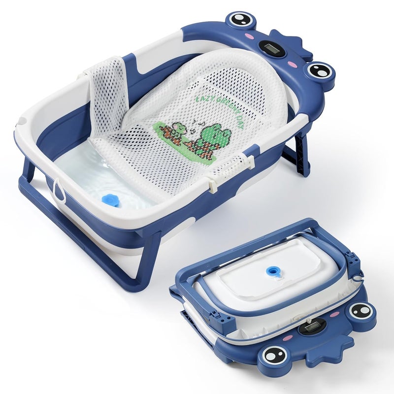 TBHAPY Baby Bathtub,Collapsible Baby Bath Tub with Soft Cushion & Thermometer, Space Saving Foldable & Travel Newborn Bathtub for Infant to Toddler 0-36 Months, Frog Blue - Image 1